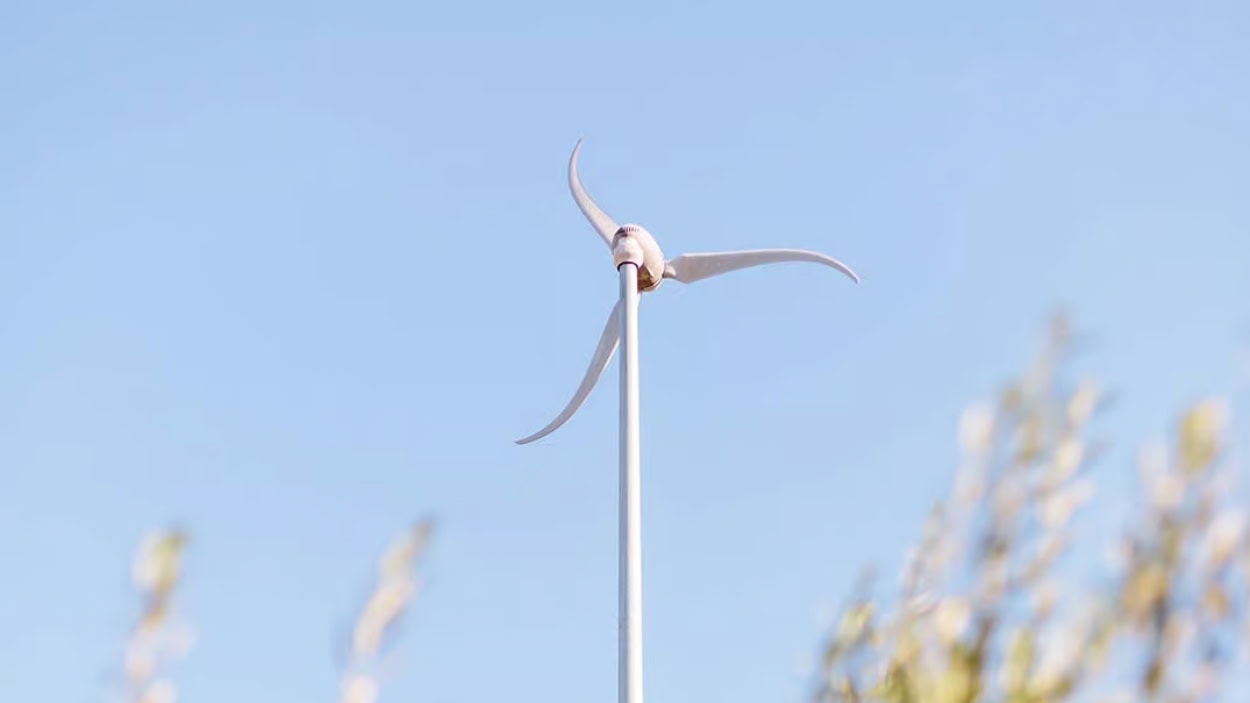 A Skystream wind turbine stands against a clear, light blue sky, with blurred foliage visible at the bottom of the frame.